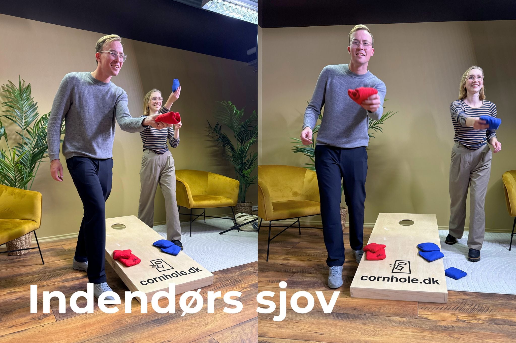 Officielt cornholespil fra cornhole.dk i størrelsen 120x60 cm spillet indendørs med to personer som kaster med ærteposer i rød og blå, spil i høj kvalitet til underholdning indendørs
